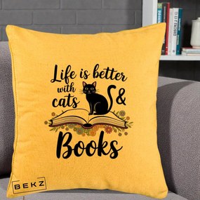 Perna Personalizata Life is Better Cats and Books, 40x40 cm, Galben, Husa Detasabila, Perna Inclusa, BEKZ®