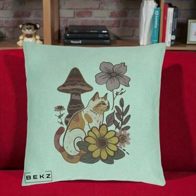 Perna Decorativa Pisica Vintage Florala Boho, 40x40 cm, Verde Menta, Husa Detasabila, Perna Inclusa, BEKZ®