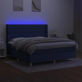 Pat cu arcuri, saltea si LED, albastru, 160x200 cm, textil Albastru, 160 x 200 cm, Benzi orizontale