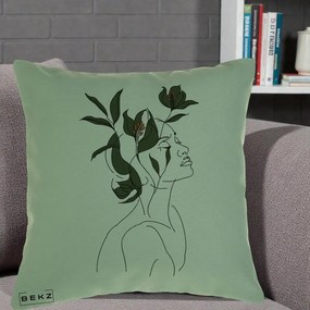 Perna Decorativa Portret Feminin Crin Verde, 40x40 cm, Verde, Husa Detasabila, Perna Inclusa, BEKZ®