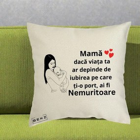 Cadou pentru Mama - Perna Personalizata Mama Nemuritoare Linie, 40x40 cm, Ecru, Husa Detasabila, Perna Inclusa, BEKZ®