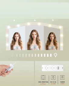 SEA818 - Set Masa toaleta 108 cm, cosmetica machiaj, oglinda cu LED, masuta vanity cu Priza, USB si Suport Uscator par, scaunel tapitat - Alb