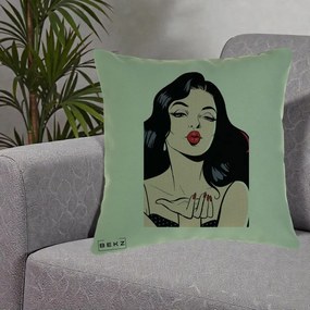 Perna Decorativa Femeie Pop-Art Kiss, 40x40 cm, Verde, Husa Detasabila, Perna Inclusa, BEKZ®