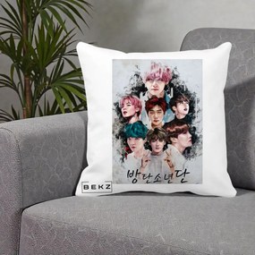Perna Personalizata K-pop BTS Bangtan Boys Poster Artistic Negru Alb, 40x40 cm, Alba Mata, Husa Detasabila, Perna Inclusa, BEKZ®