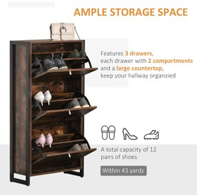 Mobilier Suport de Pantofi Economisire Spatiu Stil Industrial pentru 12 Perechi, Lemn si Metal, 60x24x115cm Maro si Negru HOMCOM | Aosom RO