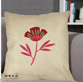 Perna Decorativa Floare Macul Roz-Rosu Grafic, 40x40 cm, Crem, Husa Detasabila, Perna Inclusa, BEKZ®