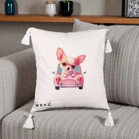 Perna Decorativa Chihuahua Roz in Masinuta, 40x40 cm, Bej cu Franjuri, Husa Detasabila, Perna Inclusa, BEKZ®