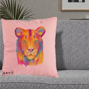 Perna Decorativa Leu Acuarela Curcubeu, 40x40 cm, Roz, Husa Detasabila, Perna Inclusa, BEKZ®