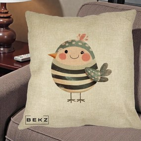 Perna Decorativa Pui Kawaii Teal cu Flori, 40x40 cm, Crem, Husa Detasabila, Perna Inclusa, BEKZ®
