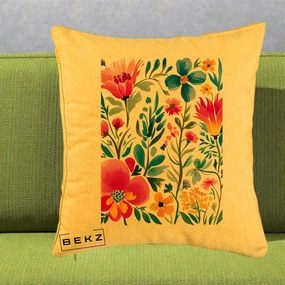 Perna Decorativa Gradina Florala Acuarela Colorata, 40x40 cm, Galben, Husa Detasabila, Perna Inclusa, BEKZ®