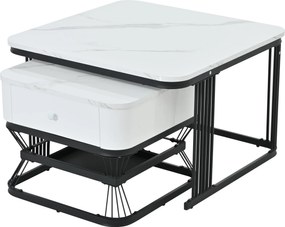 Set masă de cafea, 2 piese, set masă pentru living cu 1 sertar, 70x70x45 cm/50x50x40 cm, Alb+Negru