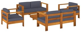Set mobilier gradina cu perne gri inchis, 5 piese, lemn masiv Morke gra, 2x Canapea cu 2 locuri + 2x fotoliu + masa, 1