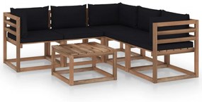 Set mobilier de grădină cu perne negre, 6 piese lemn pin tratat
