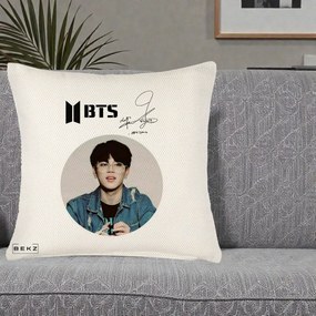 Perna Personalizata K-pop BTS Jimin Portret Cerc Autograf Geaca, 40x40 cm, Crem Reliefat, Husa Detasabila, Perna Inclusa, BEKZ®