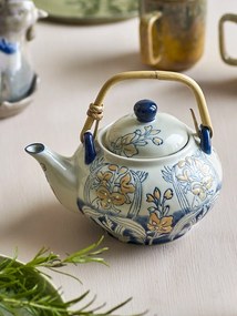 Ceainic din ceramică, cu motiv floral albastru pictat manual și mâner din bambus, cu infuzor, „Myah", 15 x 15 cm