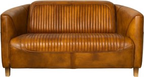 Canapea 2 locuri din piele naturală cognac, cu spătar și șezut cusute în canale, aspect vintage, 68 x 125 x 86 cm, „Pilot”