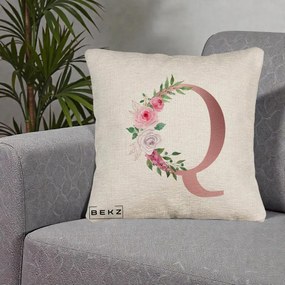 Cadou Personalizat - Perna Personalizata Monograma Rose Gold Litera Q, 40x40 cm, Bej Canapea, Husa Detasabila, Perna Inclusa, BEKZ®