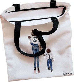 Sacosa de Panza pentru Cumparaturi, Geanta Tote, model Mom of Boys, Cu fermoar, 38x34.5 cm, Alba, BEKZ®
