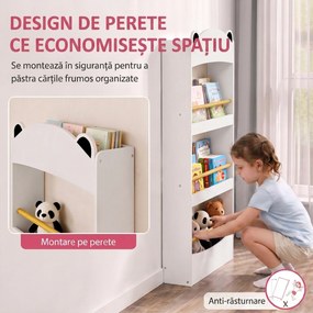 AIYAPLAY Bibliotecă Montessori pentru Copii 3-8 Ani, Ursuleț, cu 4 Polițe din Lemn, 50x15x97 cm, Alb | Aosom Romania