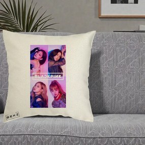 Perna Personalizata K-pop BLACKPINK Poster Colaj 4 Membre Violet Roz, 40x40 cm, Ecru, Husa Detasabila, Perna Inclusa, BEKZ®