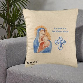 Cadou de Onomastica - Perna Personalizata Sfanta Marie Icoana Acuarela, 40x40 cm, Bej, Husa Detasabila, Perna Inclusa, BEKZ®