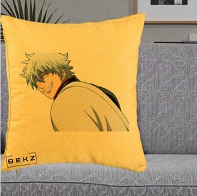 Perna Personalizata Gintama Gintoki Portret cu Zambet, 40x40 cm, Galben, Husa Detasabila, Perna Inclusa, BEKZ®