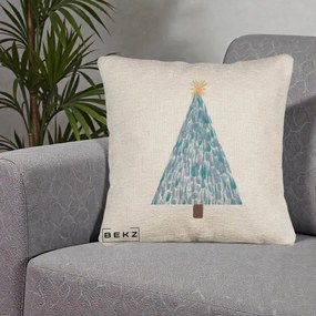 Perna Decorativa Brad de Craciun Acrilic Albastru, 40x40 cm, Bej Canapea, Husa Detasabila, Perna Inclusa, BEKZ®