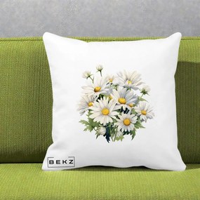 Perna Decorativa Buchet Margarete Albe Acuarela, 40x40 cm, Alba Mata, Husa Detasabila, Perna Inclusa, BEKZ®