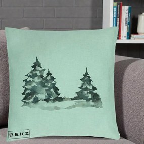 Perna Decorativa Brazi Inzapeziti Acuarela, 40x40 cm, Verde Menta, Husa Detasabila, Perna Inclusa, BEKZ®