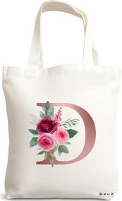 Sacosa de Panza pentru Cumparaturi, Geanta Tote, Cu litera D Rose Gold si Trandafiri, 38x34.5 cm, Alba, BEKZ®