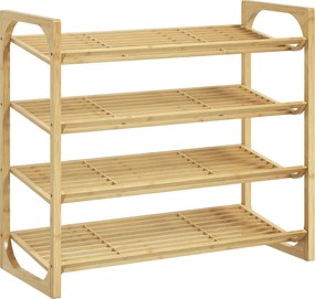 HOMCOM Etajeră pentru pantofi cu 4 niveluri, depozitare 12 perechi cu design cu lamele, bambus, 76x33x67cm, lemn natural | Aosom Romania