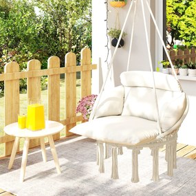Outsunny Fotoliu Suspendat de Exterior în Stil Boho cu Franjuri, Pernă, Corzi și Inele, 80x60x40 cm, Crem | Aosom Romania