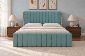 Pat tapițat din catifea Aurelia 180×200 cm, verde marin, detalii aurii, cu ladă de depozitare