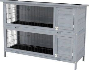 PawHut Cușcă pentru iepuri din lemn cu 2 etaje, acoperiș asfaltat, tavă de podea, uși pentru animale mici, 136,4 x 50 x 93 cm, Gri | Aosom Romania