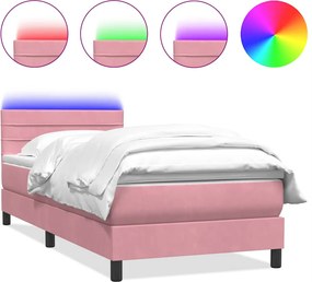 vidaXL Pat cu arcuri cu saltea și LED, roz, 100x220 cm, catifea