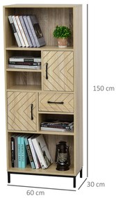 HOMCOM Biblioteca din Lemn cu Compartiment inchis, Sertar, Compartimente Deschise, pentru Casa si Cabinet, 60 x 30 x 150cm