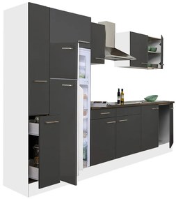 Mobilă de bucătărie Yorki 300, corp alb, față antracit satinat, frigider cu congelator superior