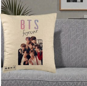 Perna Personalizata K-pop BTS Forever cu Foto Grup Negru, 40x40 cm, Bej, Husa Detasabila, Perna Inclusa, BEKZ®