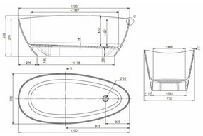 Cada baie freestanding ovala, compozit, 170 x 77 cm, Cast Marble Praga XL 1700x770 mm