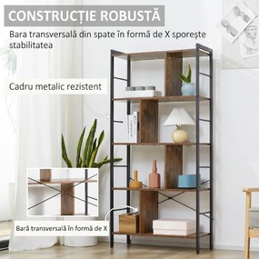 HOMCOM Bibliotecă cu 5 Rafturi, Compartimente Deschise, 77 x 30 x 157,5 cm, Maro Rustic și Negru | Aosom Romania