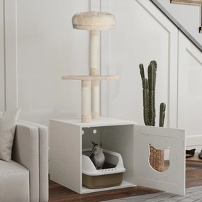 PawHut Cătănel cu casă de toaletă, turn de joacă 2-în-1 de 129 cm cu ascundere litieră, stâlpi pentru zgâriat, crem | Aosom Romania
