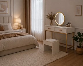 Set Iasmina, Masă de toaletă pentru machiaj cu taburet, oglindă iluminată LED, control touch, 2 sertare, Alb