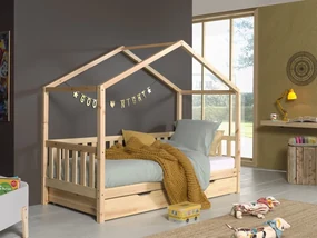 Set Pat Căsuță, cu Protecție și Sertar, Natur, 90 x 200 cm, Pin Masiv – Dallas – Vipack