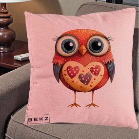 Perna Decorativa Bufnita Rosie cu Inimi Aurii, 40x40 cm, Roz, Husa Detasabila, Perna Inclusa, BEKZ®
