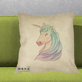 Perna Decorativa Unicorn Acuarela Pastel, 40x40 cm, Crem, Husa Detasabila, Perna Inclusa, BEKZ®