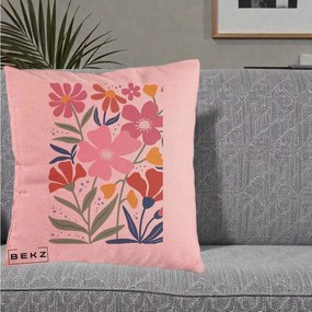 Perna Decorativa Flori Grafice Roz si Terracotta, 40x40 cm, Roz, Husa Detasabila, Perna Inclusa, BEKZ®