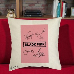Perna Personalizata K-pop BLACKPINK Semnaturi Roz, 40x40 cm, Ecru, Husa Detasabila, Perna Inclusa, BEKZ®