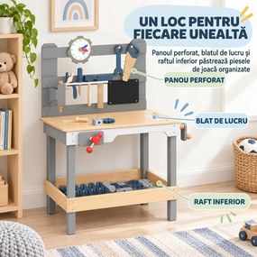 AIYAPLAY Banc de Lucru pentru Copii din Lemn, cu Set de Unelte 15 Piese, Ceas, Tablă și Poliță, 3-6 Ani, Gri | Aosom Romania