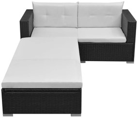 Set mobilier de gradina cu perne, 3 piese, negru, poliratan