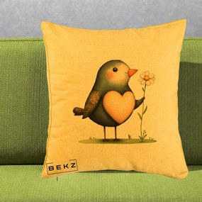 Perna Decorativa Pasare cu Inima si Margareta, 40x40 cm, Galben, Husa Detasabila, Perna Inclusa, BEKZ®